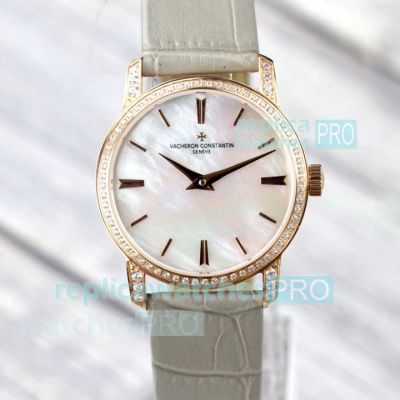 Swiss Copy Ladies Vacheron Constantin Traditionnelle MOP Grey Leather Strap Watch 